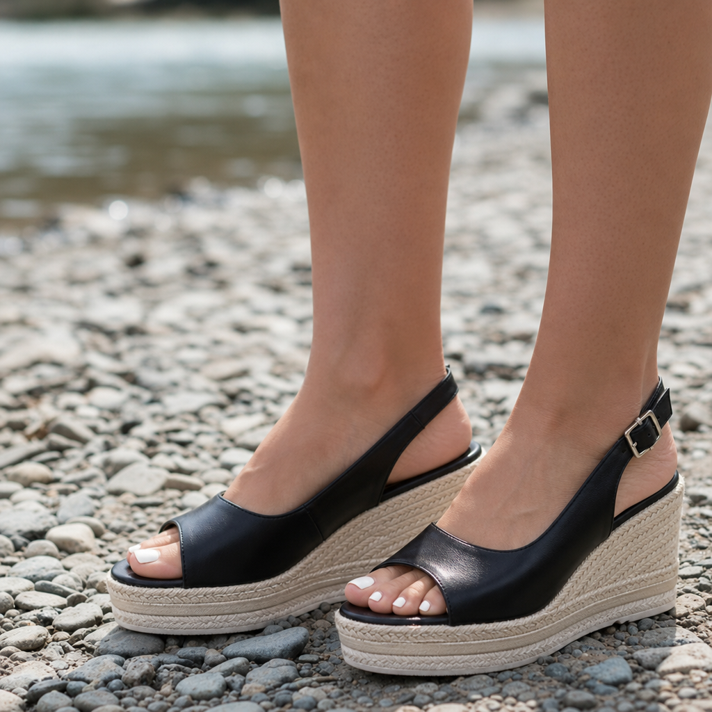 Siena Orthopedic Espadrille Wedge Sandals in Black
