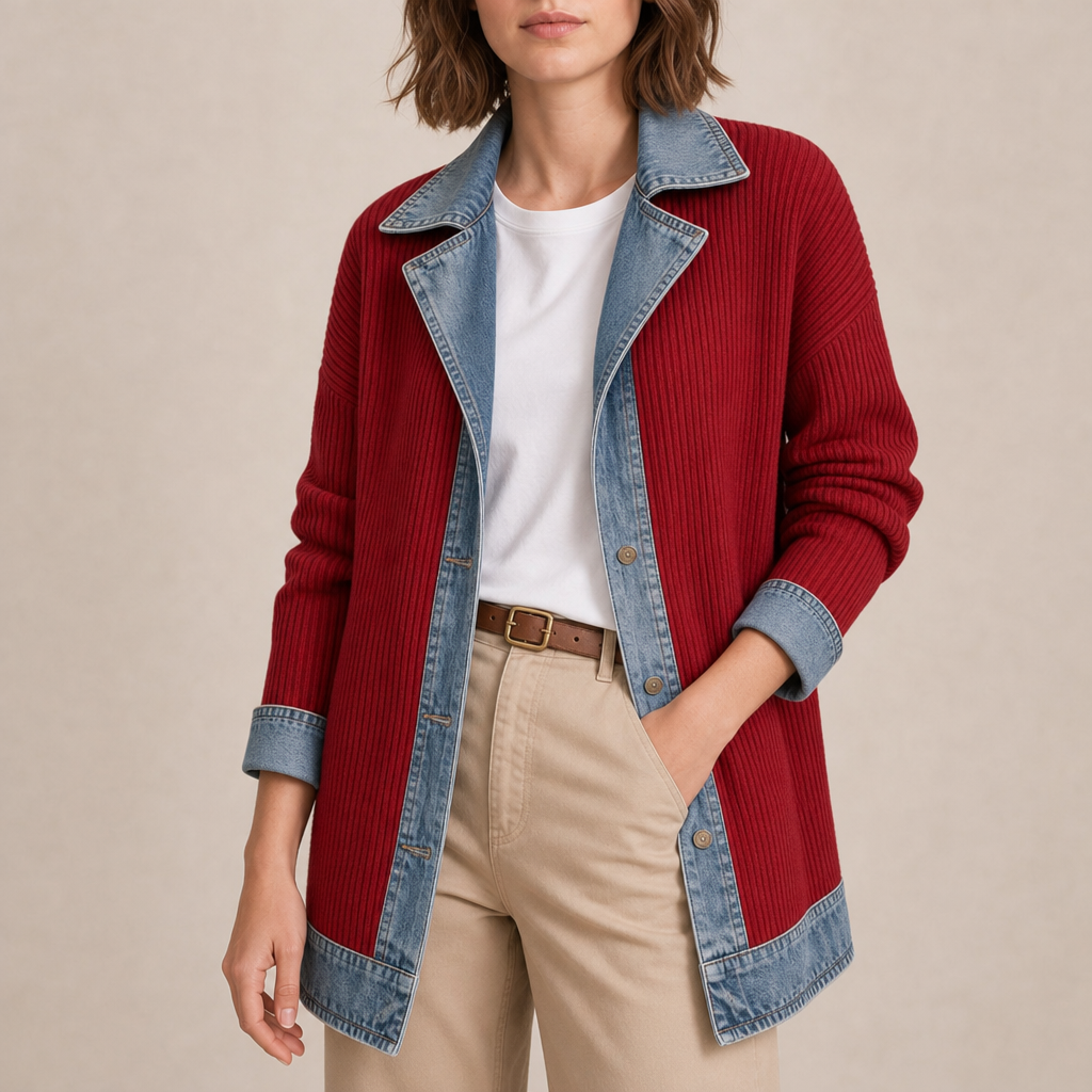 Sitges Denim Knit Mixed Jacket in Red
