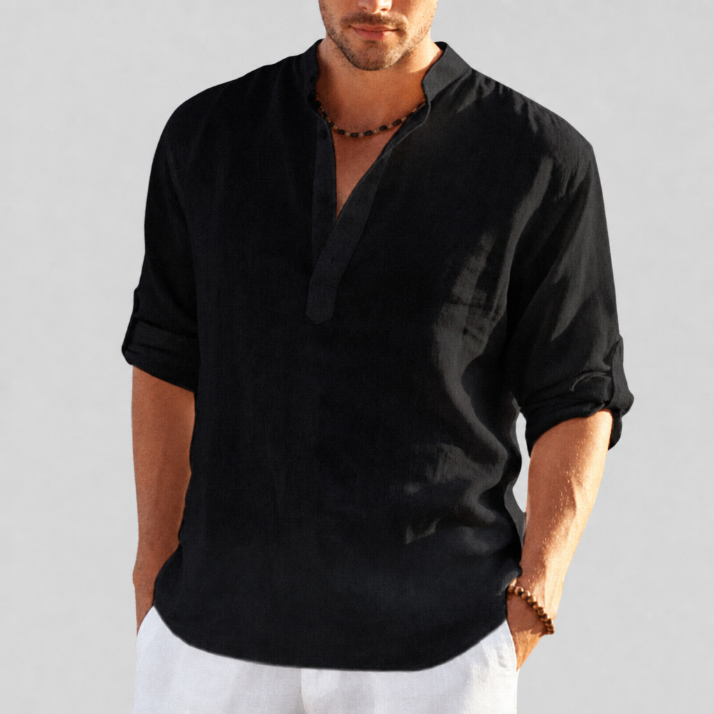 Skopelos Linen Henley Shirt in Black