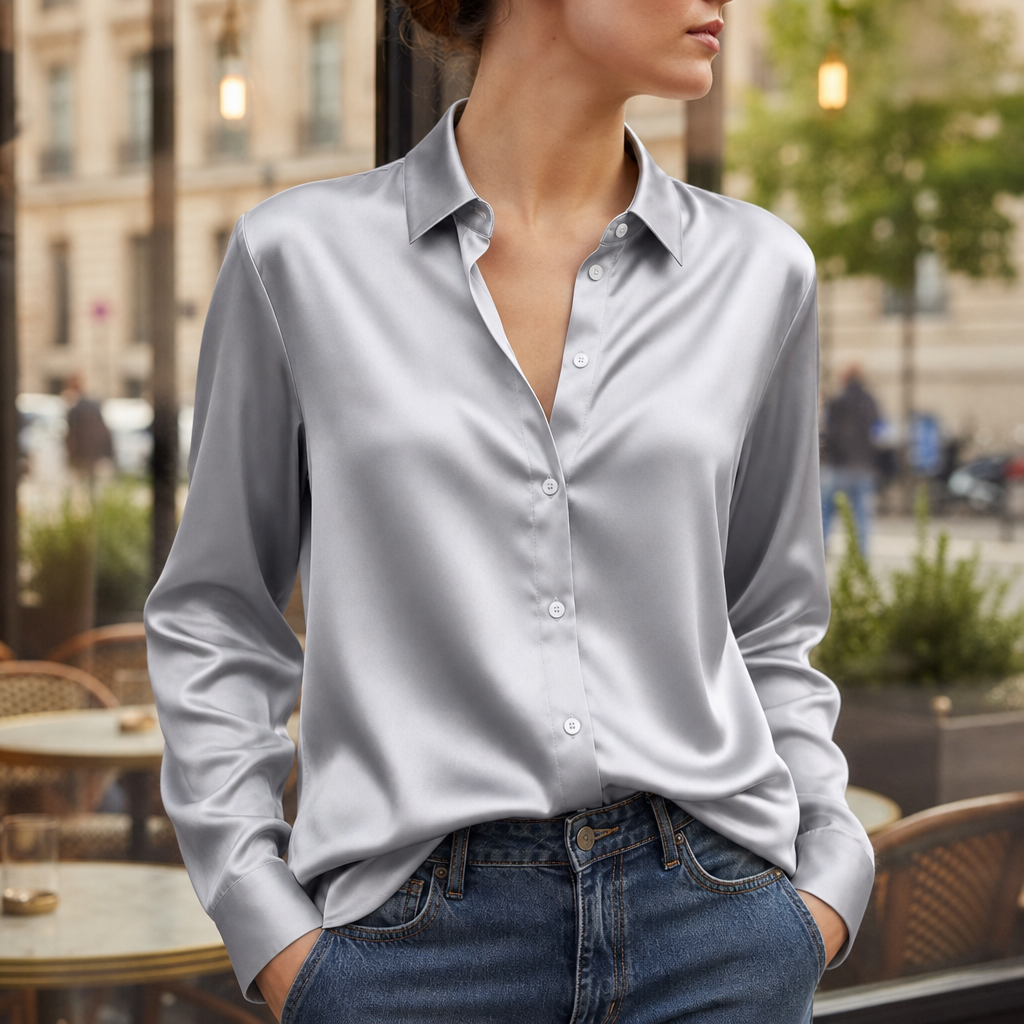 Sorrento Satin Button-Down Blouse in Silver