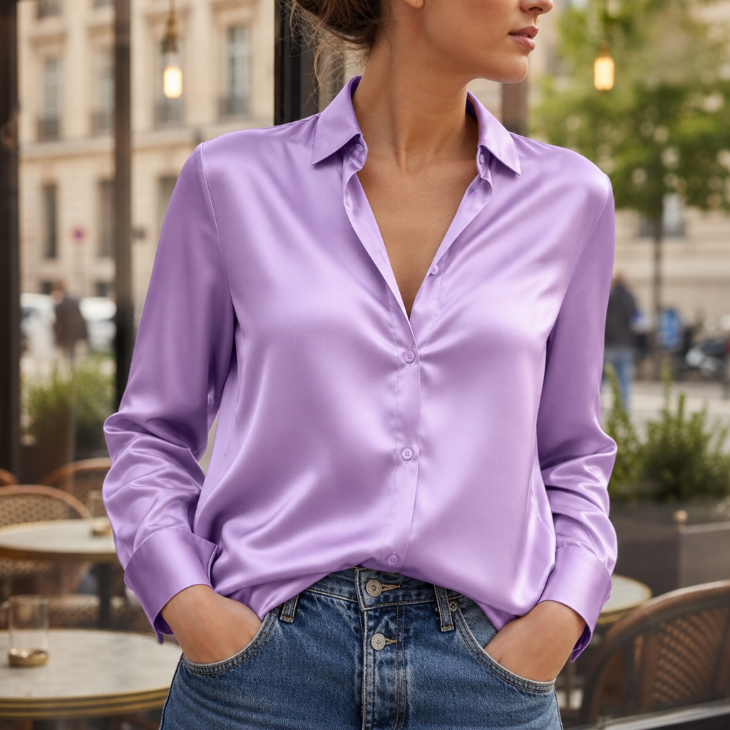 Sorrento Satin Button-Down Blouse in Purple