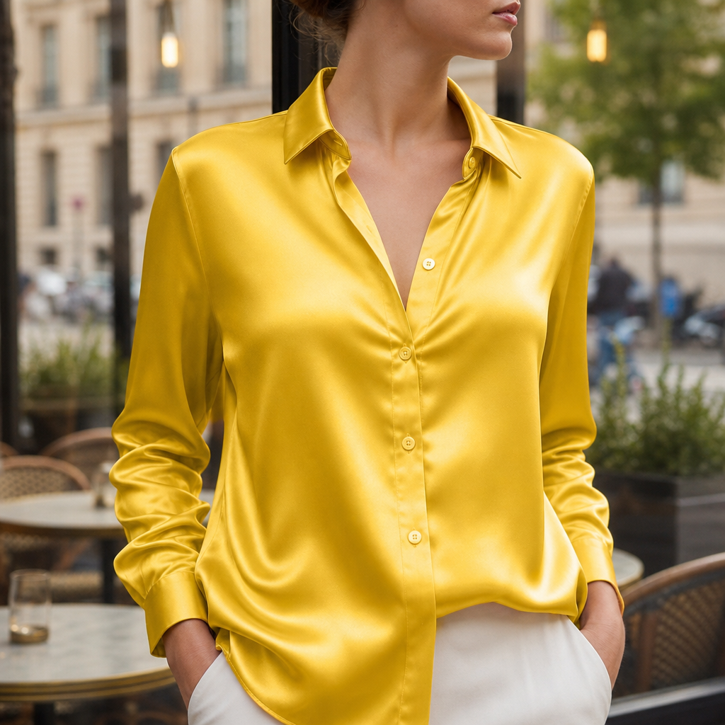 Sorrento Satin Button-Down Blouse in Yellow