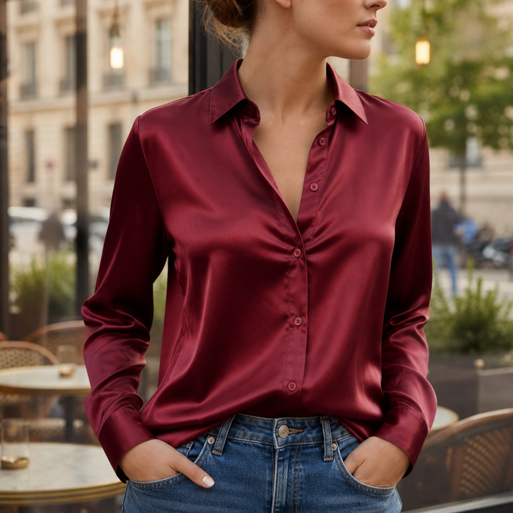 Sorrento Satin Button-Down Blouse in Win