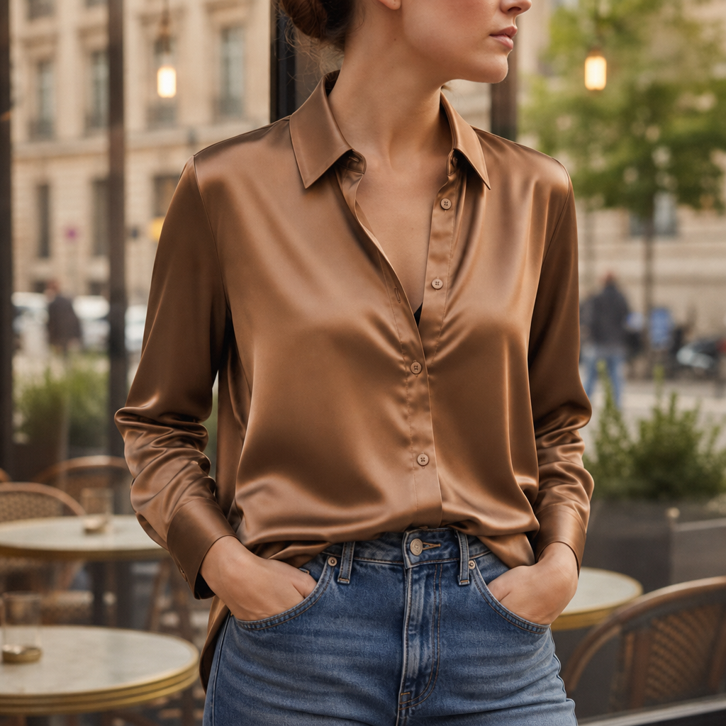 Sorrento Satin Button-Down Blouse in Coffee