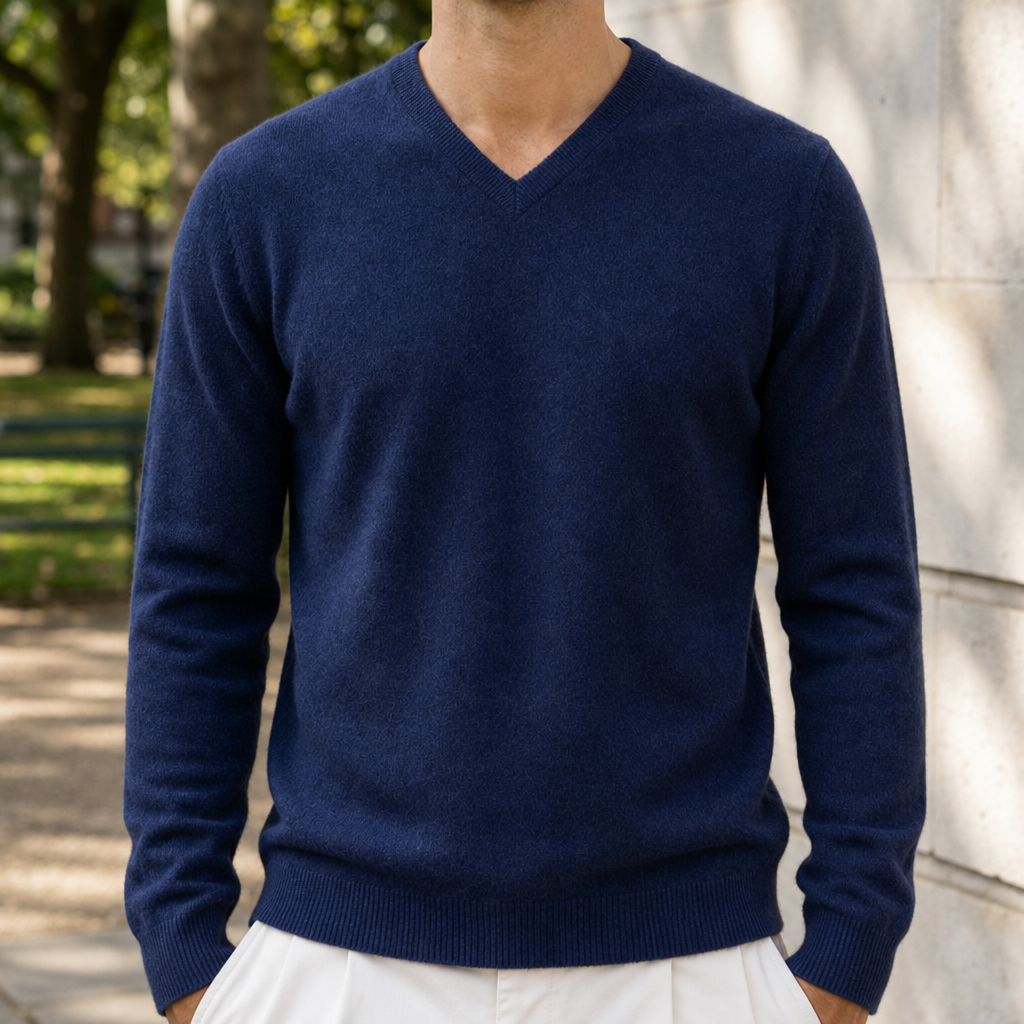 Spoleto V-Neck Cashmere Sweater in Navy Blue