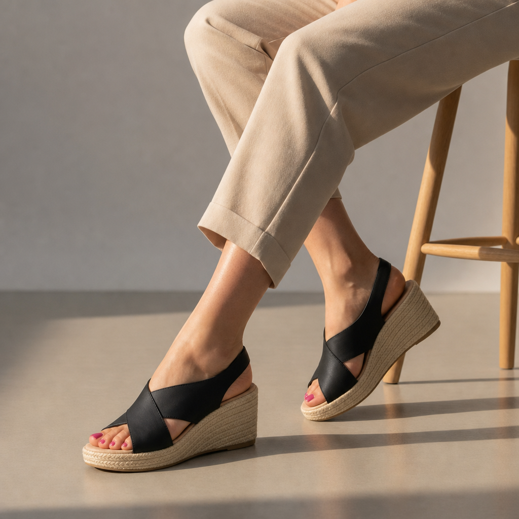 Ston Orthopedic Espadrille Wedge Sandals in Black