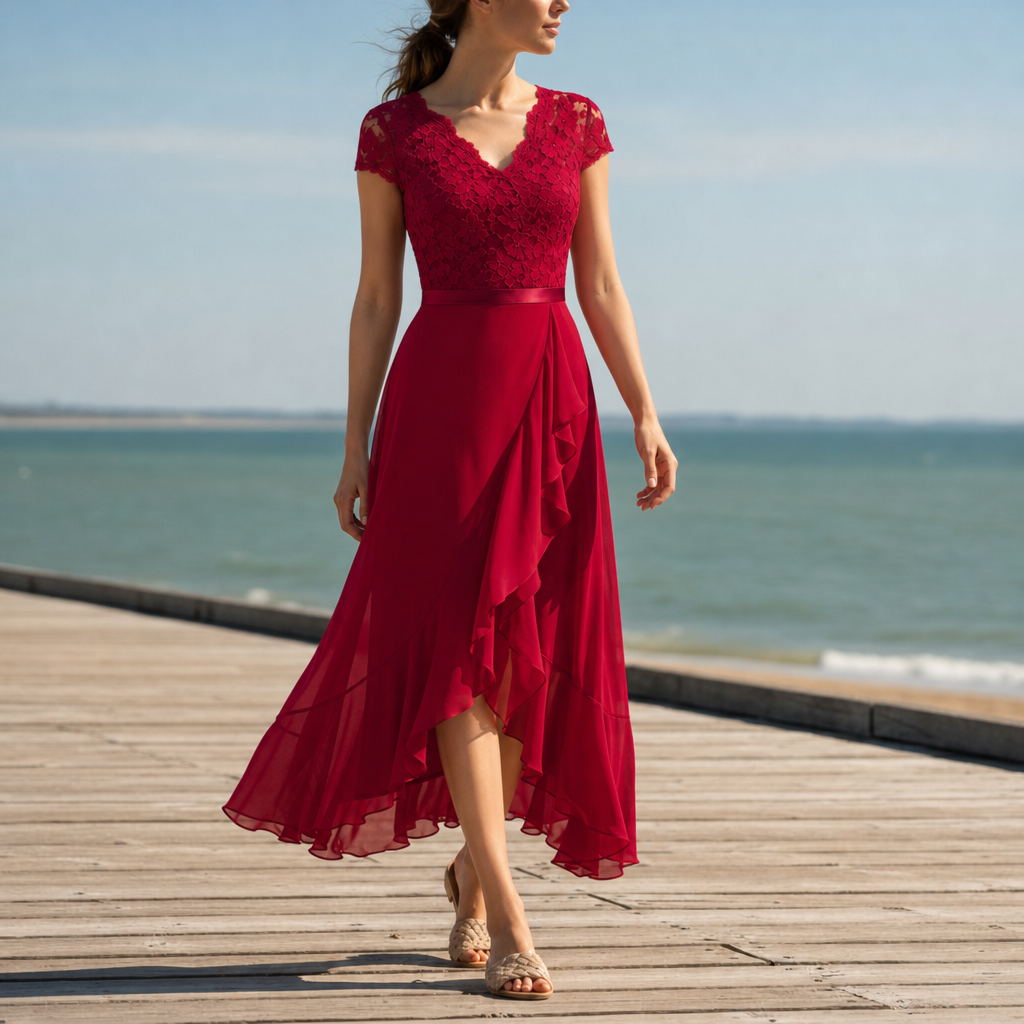 Stresa Lace V-Neck Midi Dress in Red