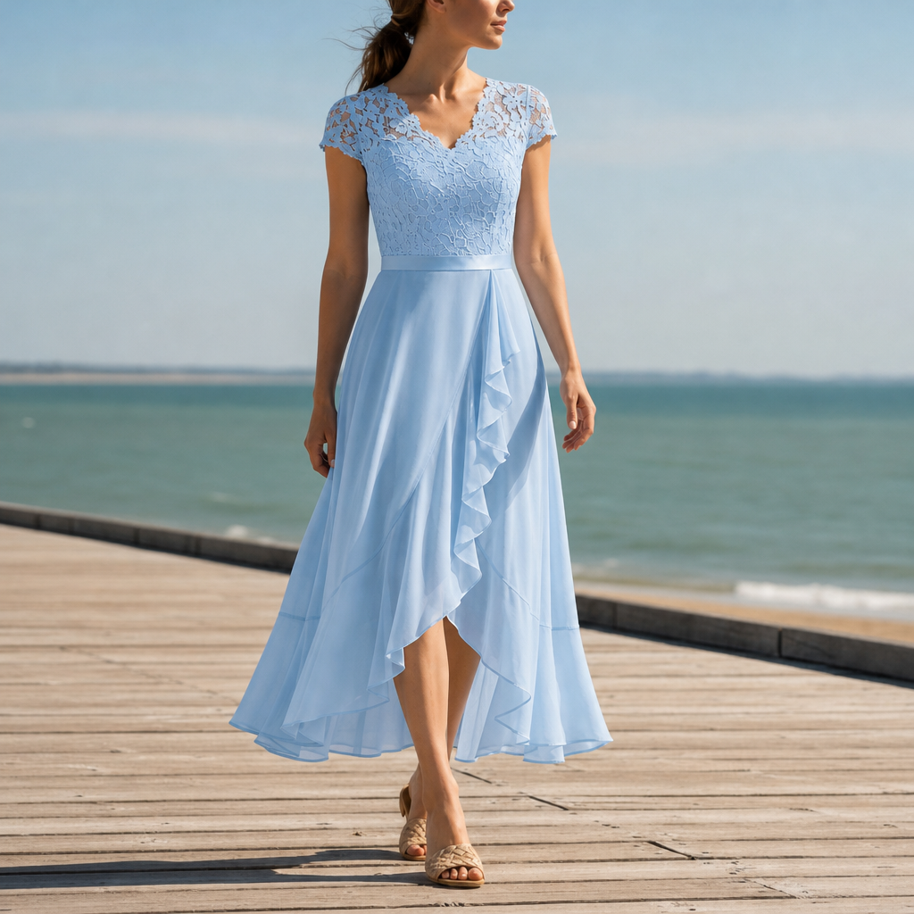Stresa Lace V-Neck Midi Dress in Light Blue