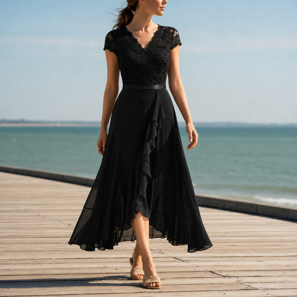 Stresa Lace V-Neck Midi Dress in Black