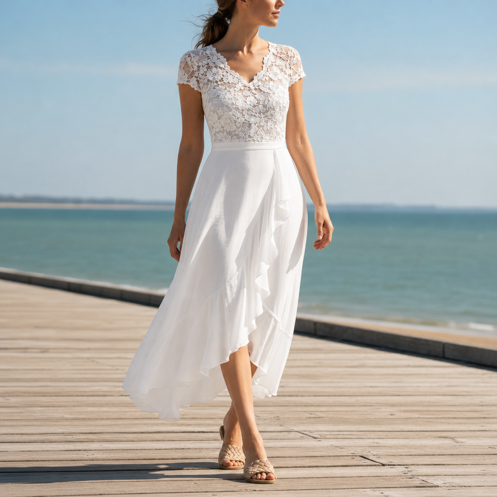 Stresa Lace V-Neck Midi Dress in White