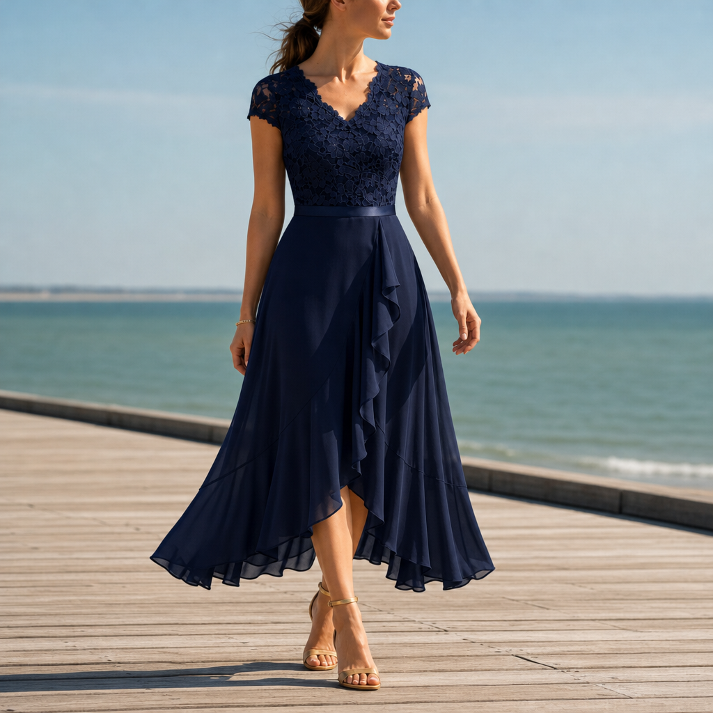 Stresa Lace V-Neck Midi Dress in Navy