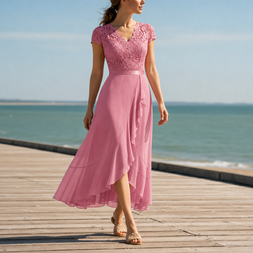Stresa Lace V-Neck Midi Dress in Pink