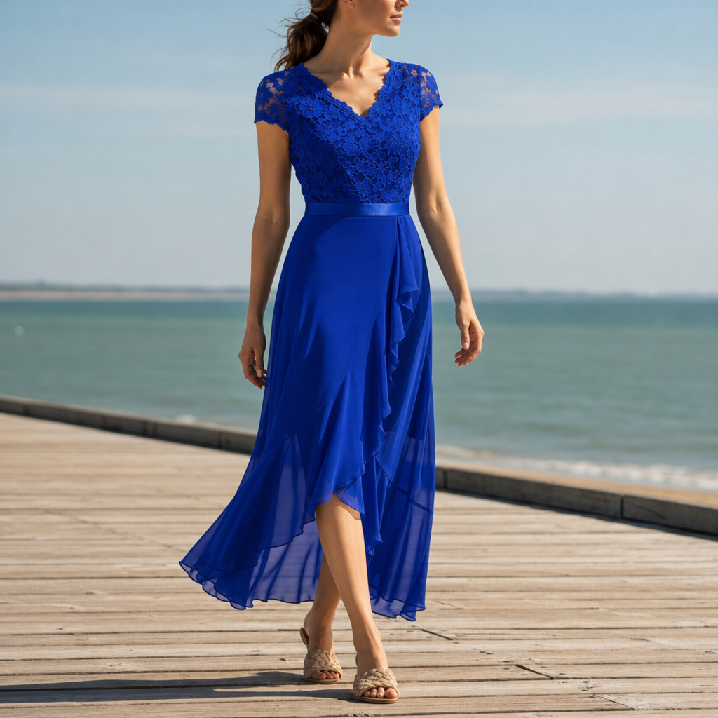 Stresa Lace V-Neck Midi Dress in Royal Blue