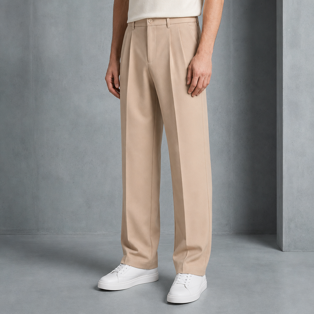 Tarifa Pleated Straight Leg Trousers in Beige