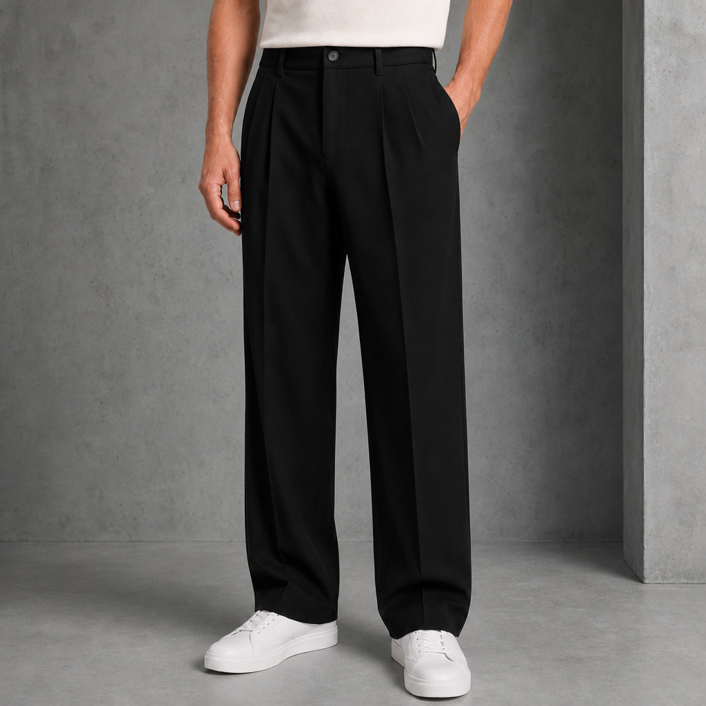 Tarifa Pleated Straight Leg Trousers in Black