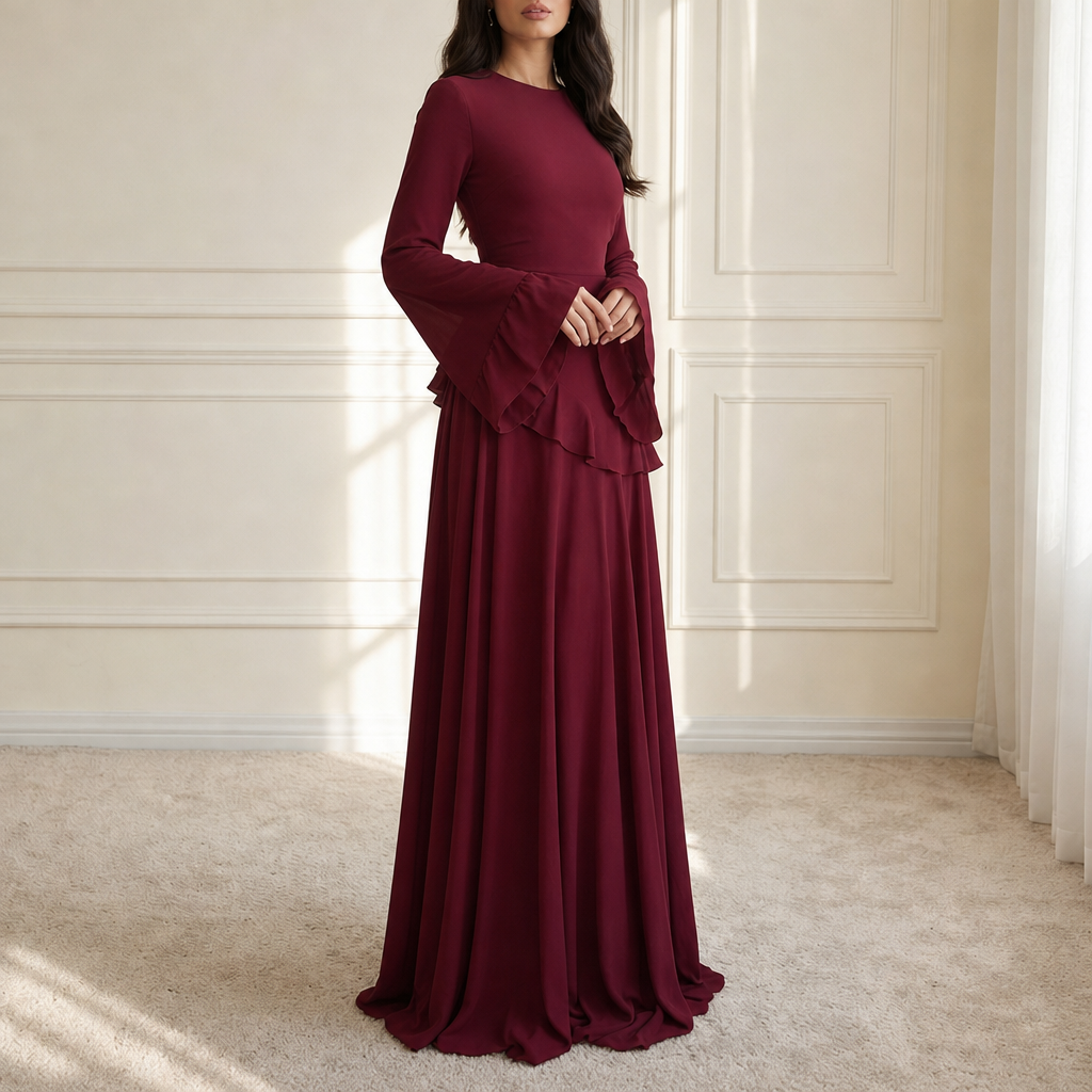 Trani Ruffle Flared Sleeve Maxi Dress in Bordeaux