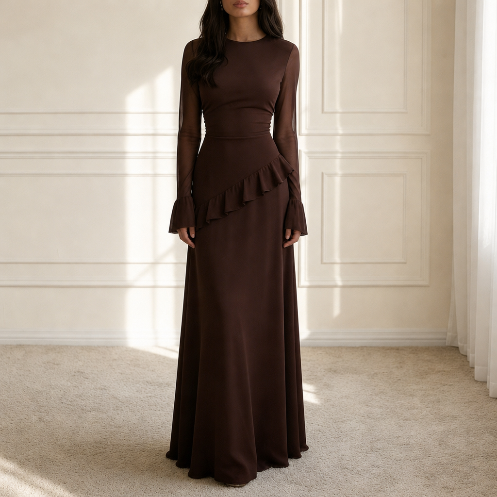 Trani Ruffle Flared Sleeve Maxi Dress in Espresso