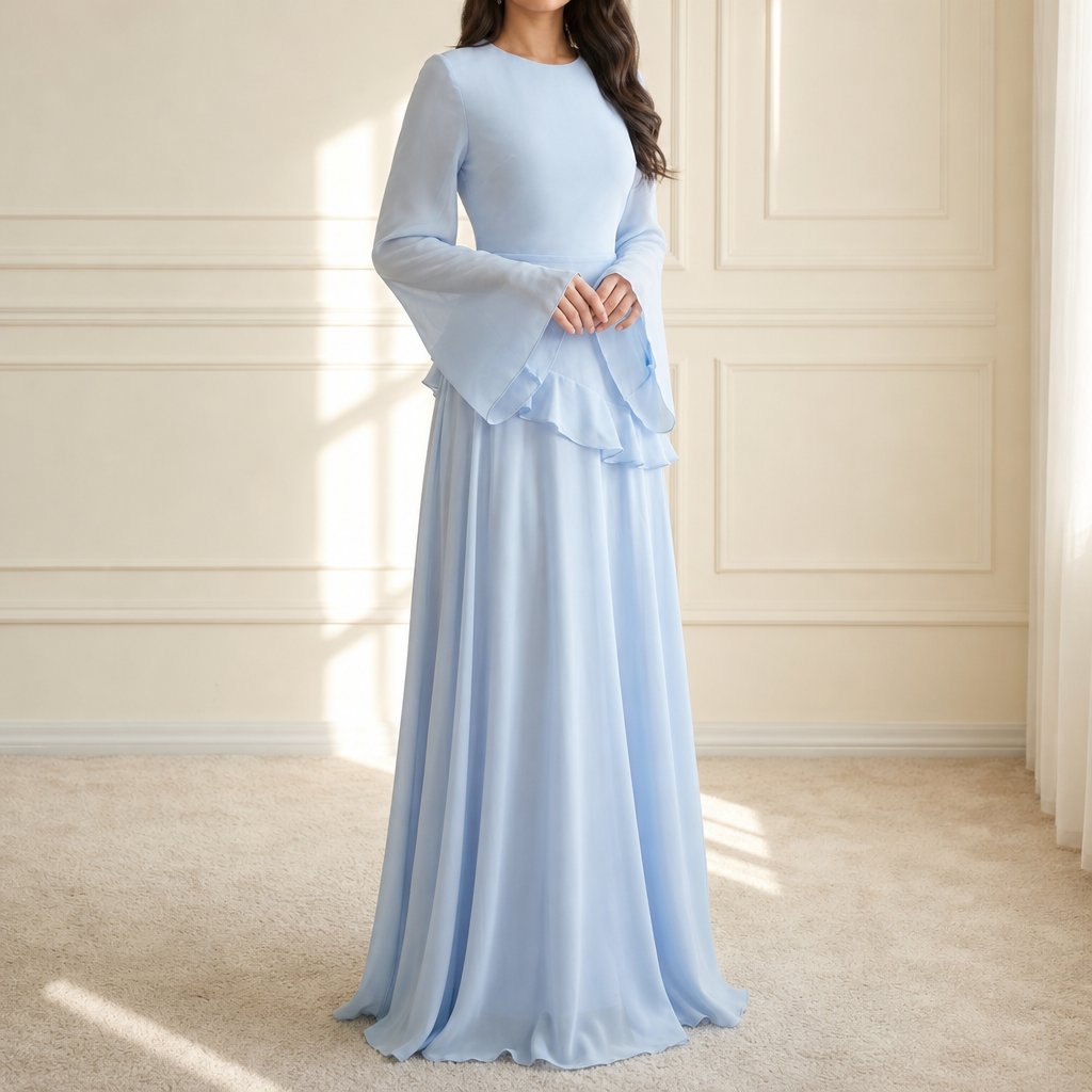 Trani Ruffle Flared Sleeve Maxi Dress in Light Blue