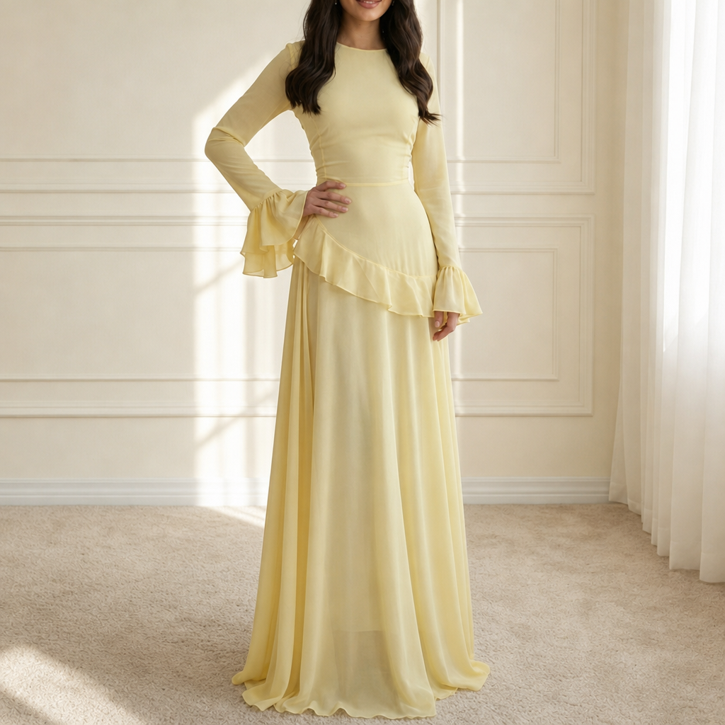 Trani Ruffle Flared Sleeve Maxi Dress in Light Yellow