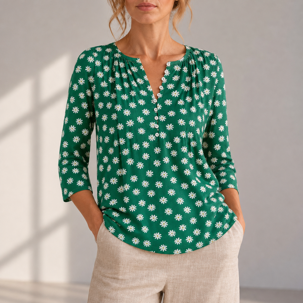 Treviso Floral Button-Up Blouse in Dark Green