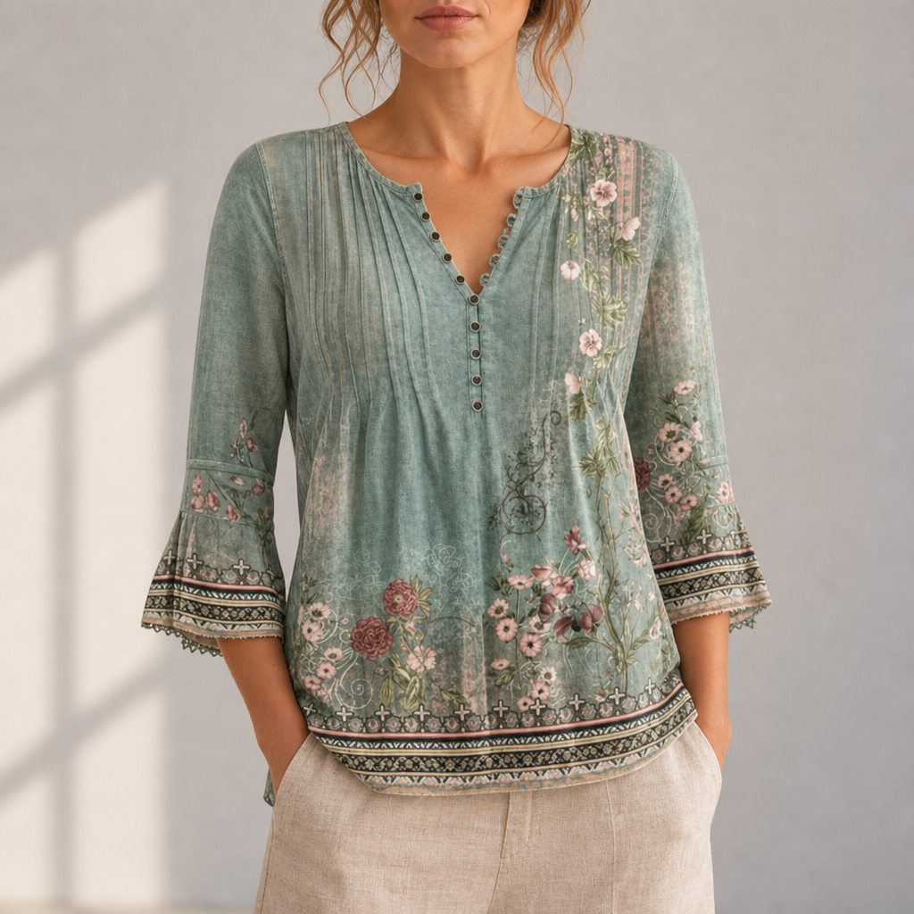 Treviso Floral Button-Up Blouse in Green
