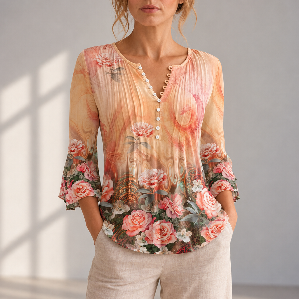 Treviso Floral Button-Up Blouse in Orange