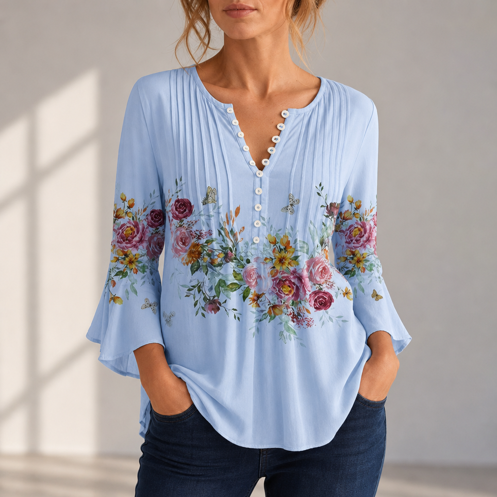 Treviso Floral Button-Up Blouse in Sky Blue