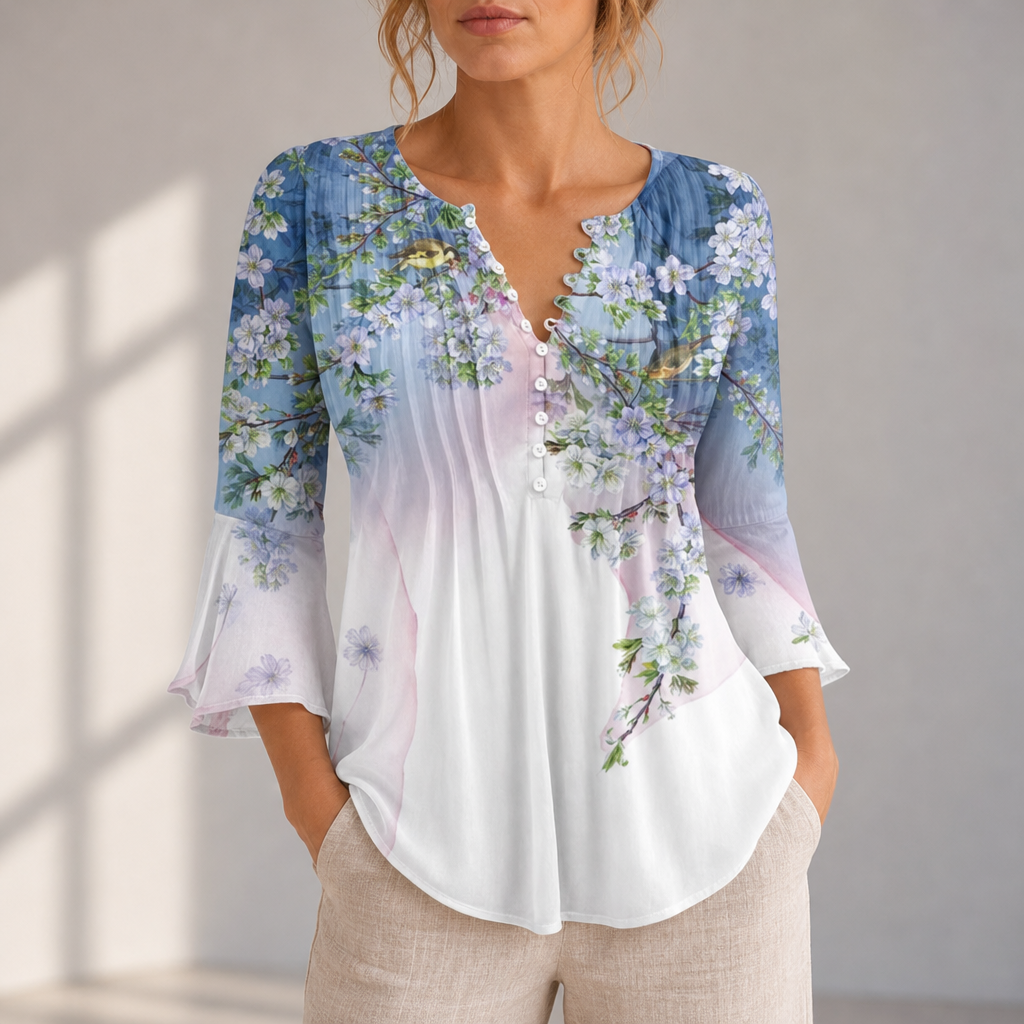 Treviso Floral Button-Up Blouse in White-Blue