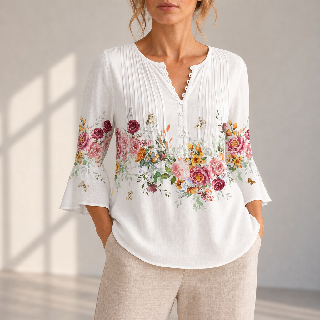 Treviso Floral Button-Up Blouse in White with Flowers
