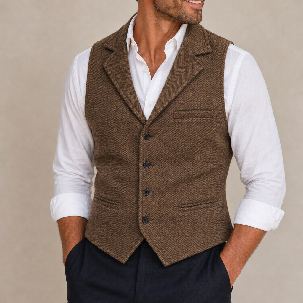 Ubeda Herringbone Western Vest in Khaki