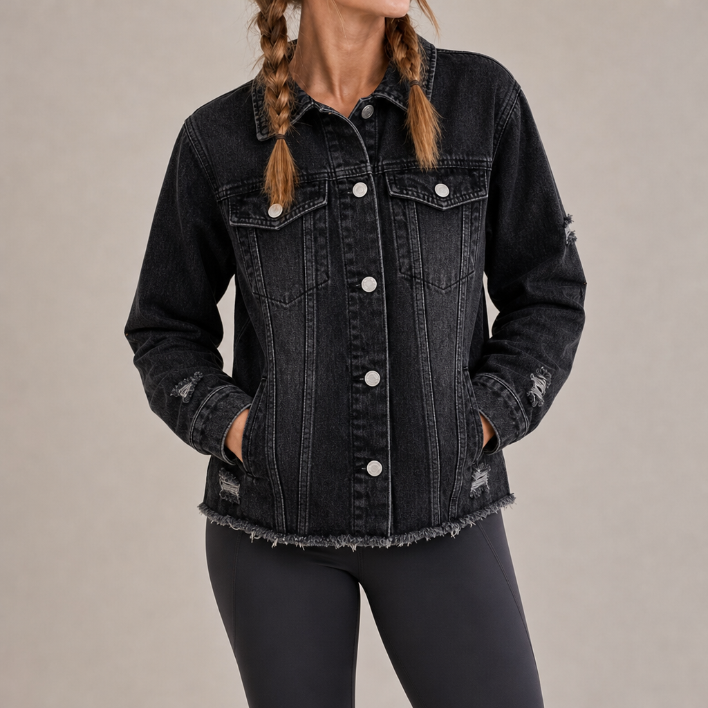 Urbino Distressed Frayed Denim Jacket in Black