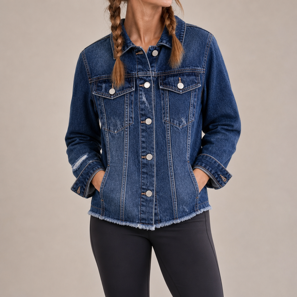 Urbino Distressed Frayed Denim Jacket in Dark Blue