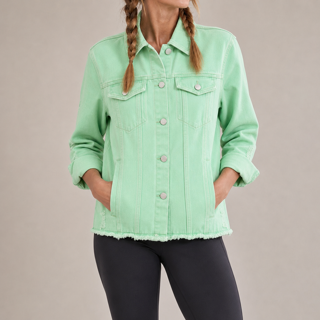 Urbino Distressed Frayed Denim Jacket in Green