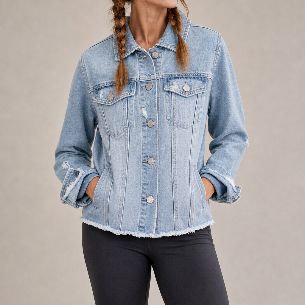 Urbino Distressed Frayed Denim Jacket in Light Blue