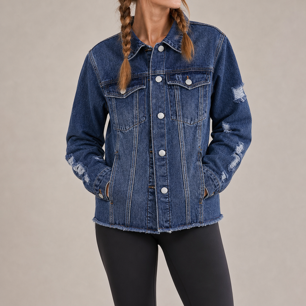 Urbino Distressed Frayed Denim Jacket in Navy