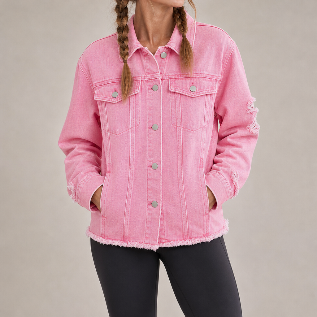 Urbino Distressed Frayed Denim Jacket in Pink