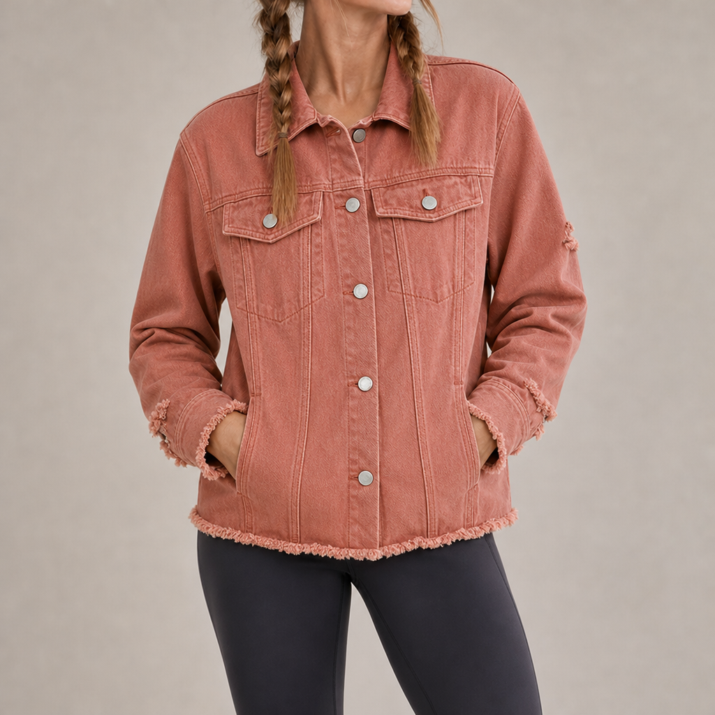 Urbino Distressed Frayed Denim Jacket in Red