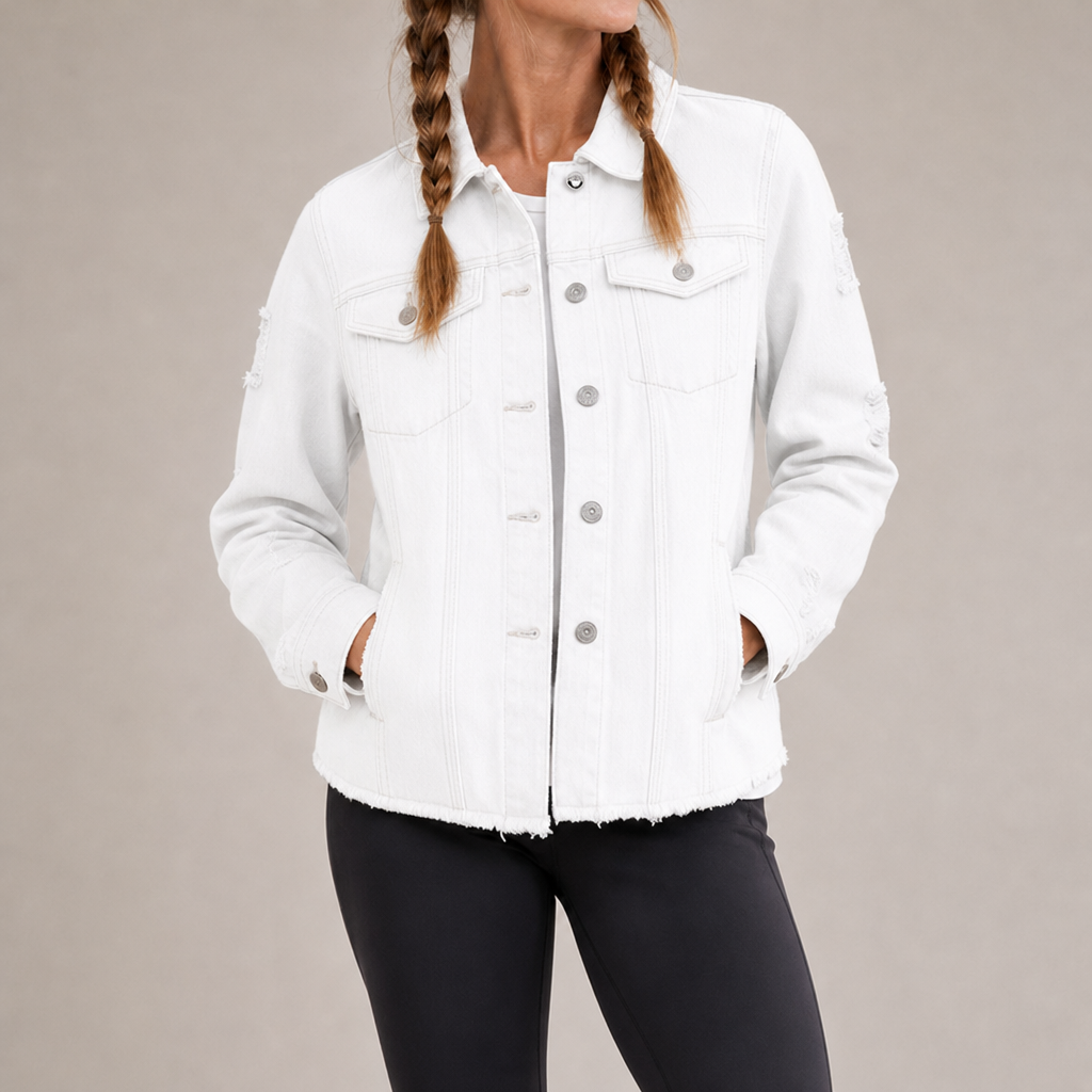 Urbino Distressed Frayed Denim Jacket in White