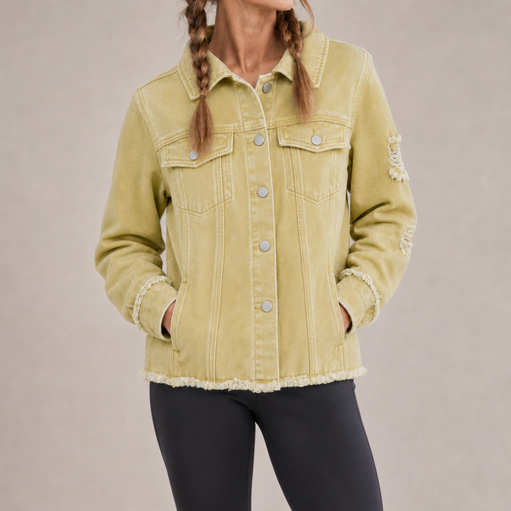Urbino Distressed Frayed Denim Jacket in Yellow