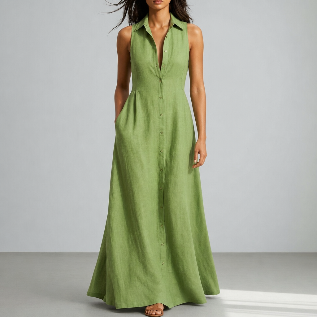 Urbino Linen Sleeveless Shirt Dress in Green