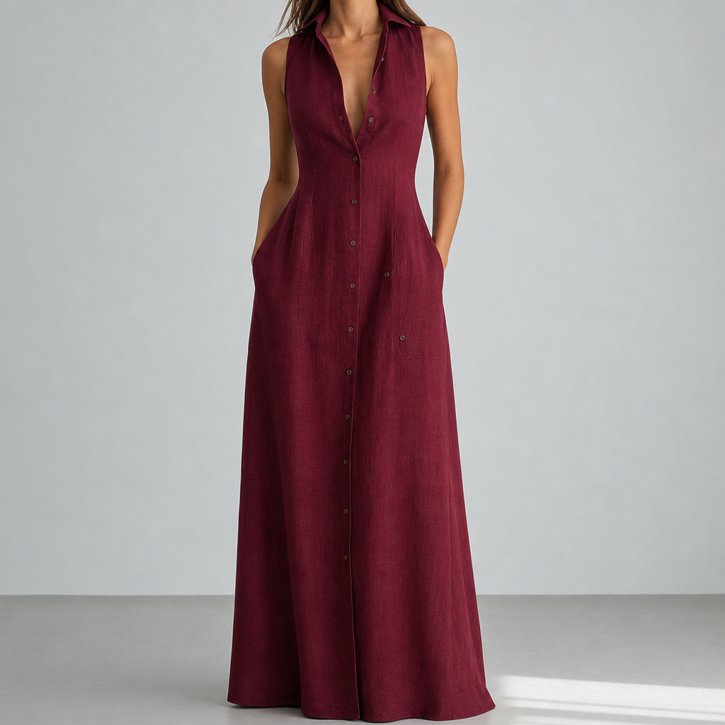 Urbino Linen Sleeveless Shirt Dress in Wine