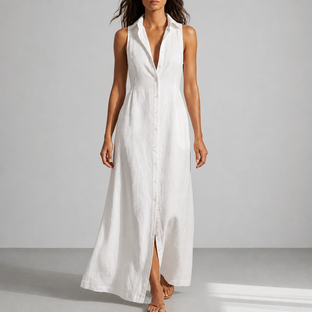 Urbino Linen Sleeveless Shirt Dress in White