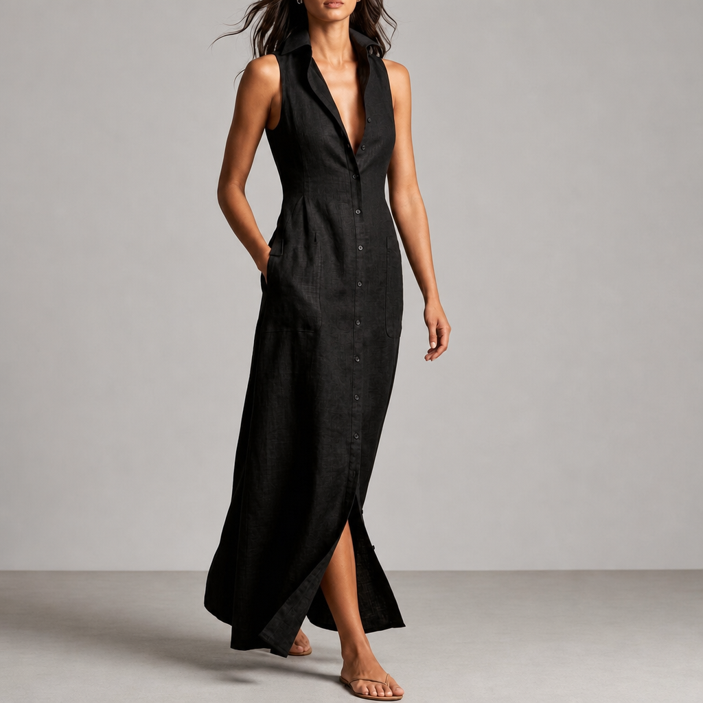 Urbino Linen Sleeveless Shirt Dress in Black