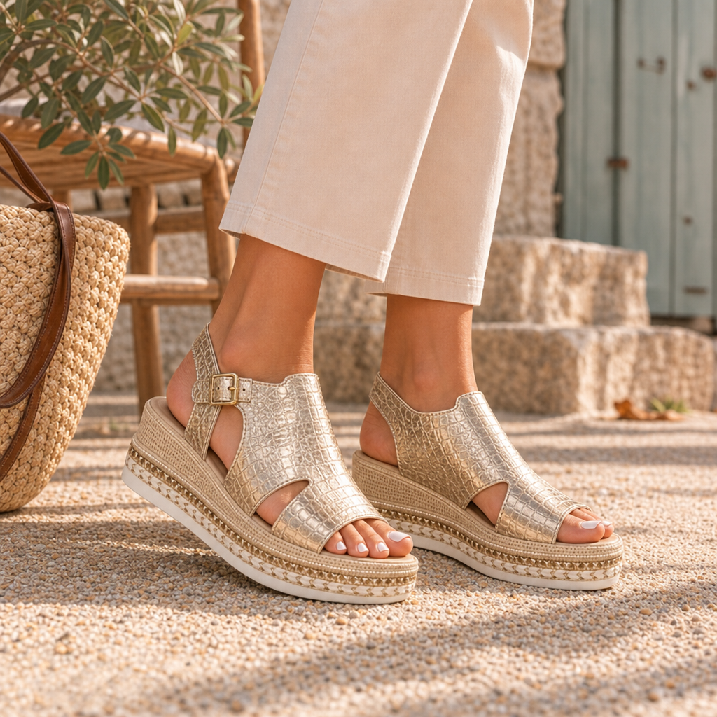 Urbino Orthopedic Adjustable Slingback Wedge Sandals in Gold