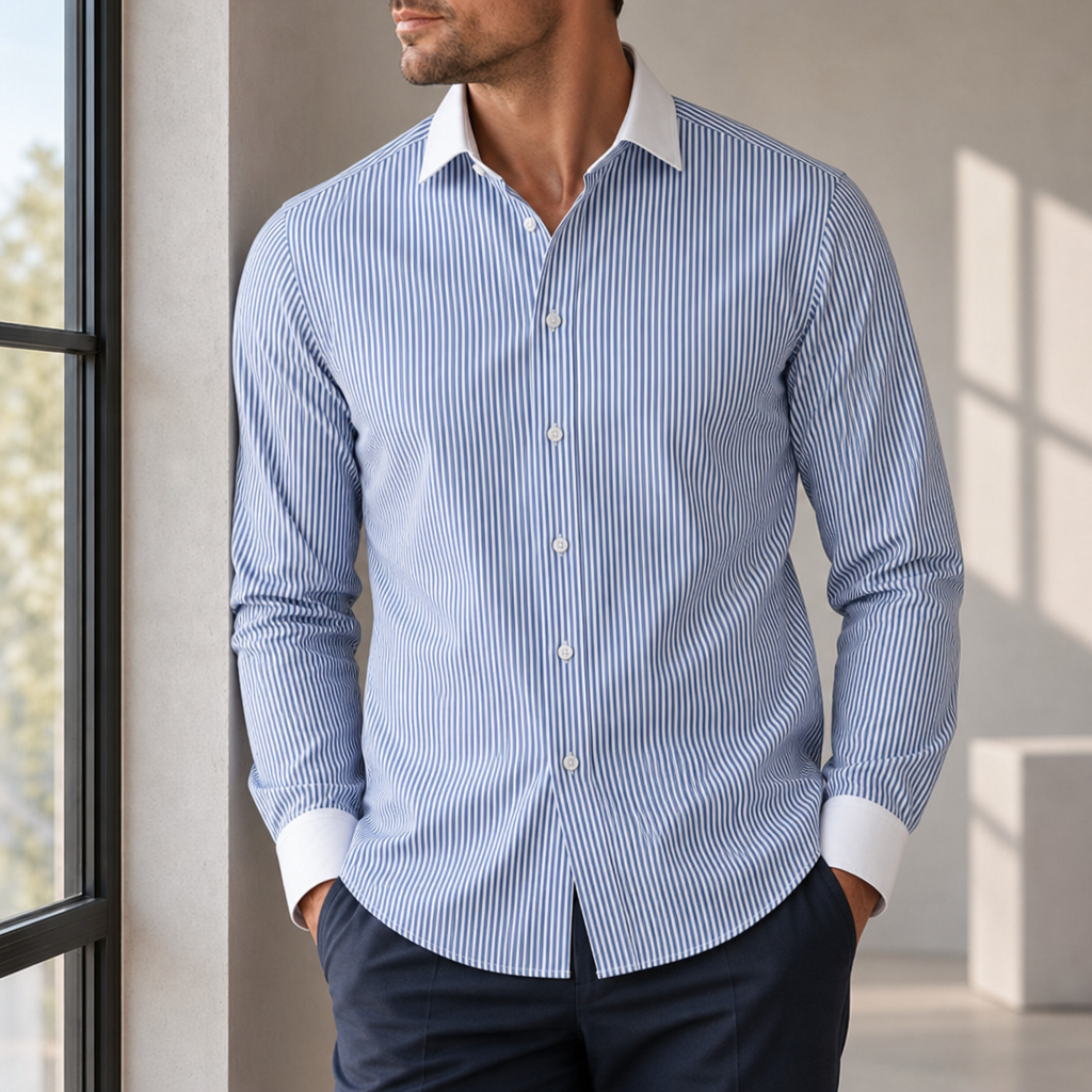 Valldemossa Striped Contrast Collar Shirt in Blue