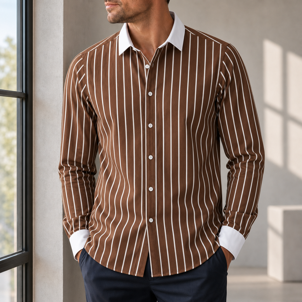 Valldemossa Striped Contrast Collar Shirt in Brown