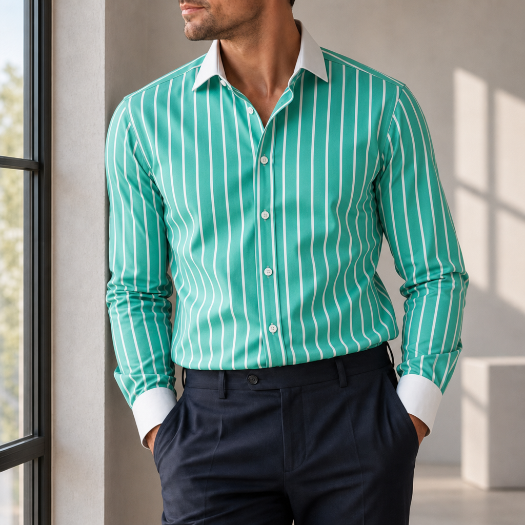 Valldemossa Striped Contrast Collar Shirt in Green