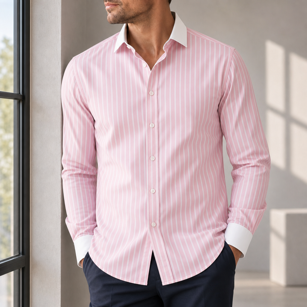 Valldemossa Striped Contrast Collar Shirt in Pink