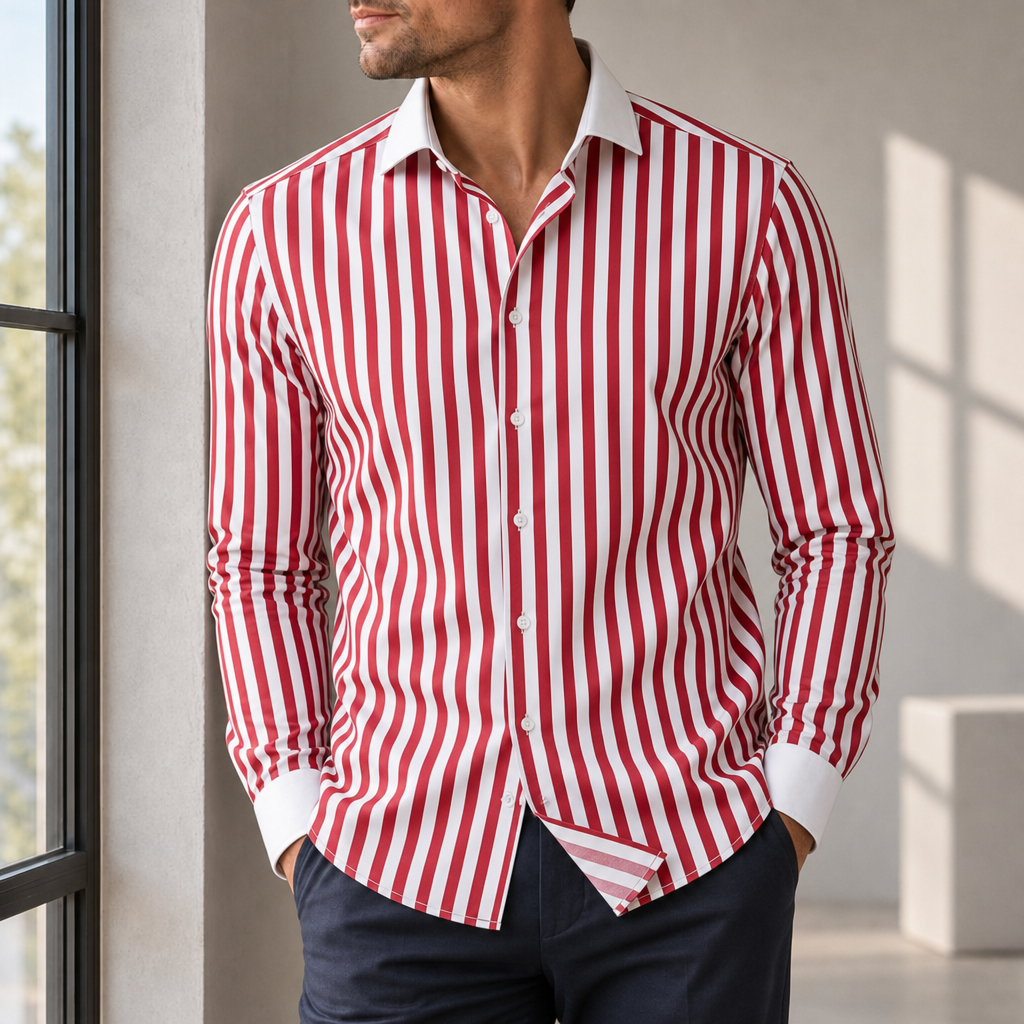 Valldemossa Striped Contrast Collar Shirt in White & Red