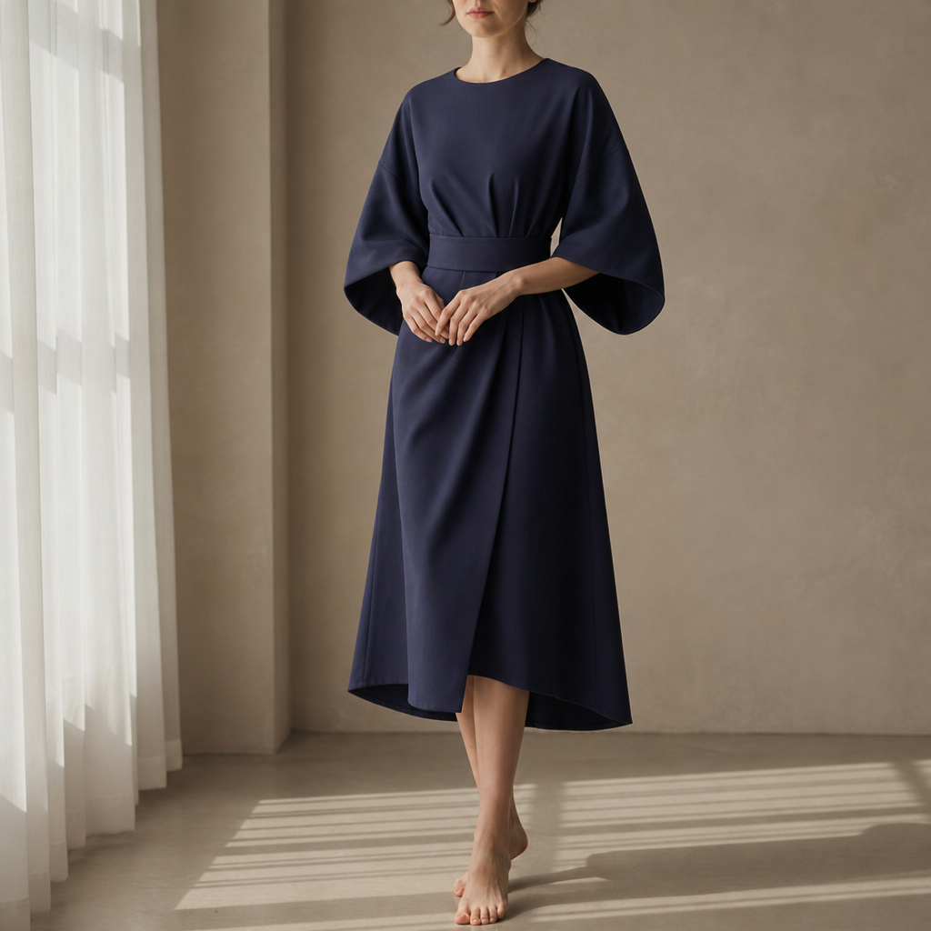Vieste Belted Lantern Sleeve Dress in Navy Blue